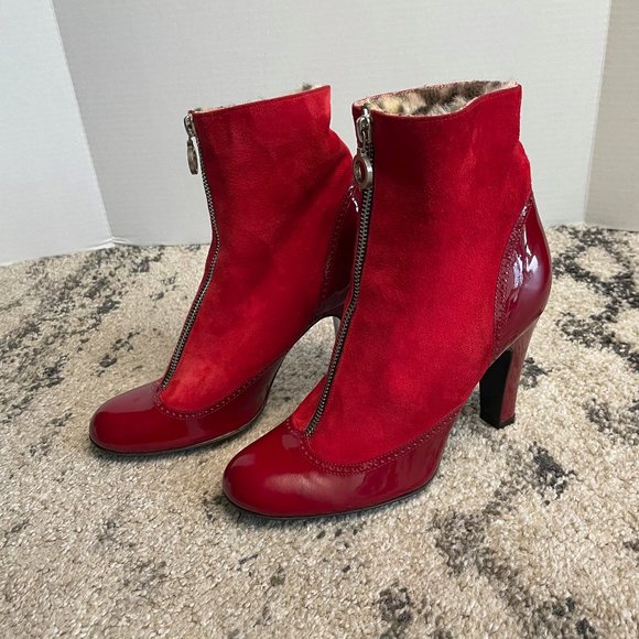 Marc Jacobs Red Patent Leather and Suede Bootie with Leopard Fur Lining size 6 - Picture 7 of 11